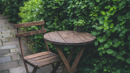 Naklejka premium Rustic Wooden Table and Chair in a Lush Garden Setting
