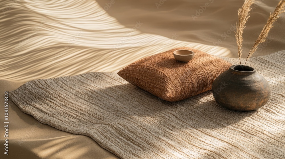 Poster close up of textured fabrics and accessories highlighting desert inspired design featuring earthy to