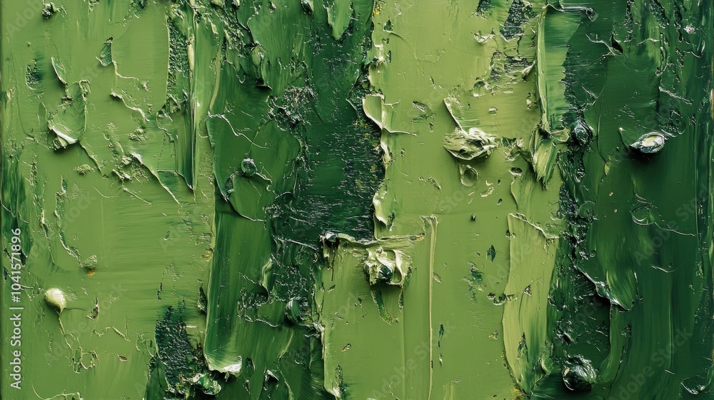 Poster abstract oil painting on canvas featuring paint spots and strokes in a range of green tones crafted 