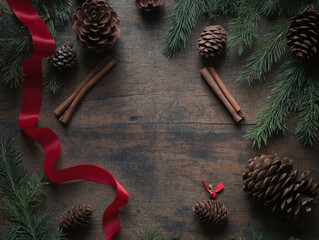 cozy Christmas composition featuring pinecones, cinnamon sticks, and red ribbon on wooden background, surrounded by evergreen branches, creating festive atmosphere.