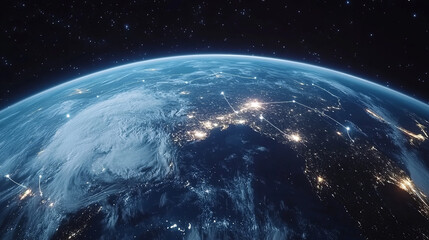 Obraz premium An amazing view of the night Earth from space: the lights of cities shine through the clouds, and the light lines connecting the continents symbolize the global digital network.