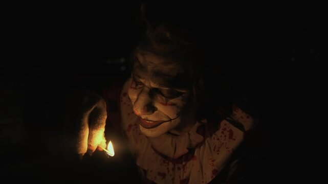 Crazy creepy killer man dressed as clown with makeup at attic in ruined house in darkness light up a match crazy smiling. Halloween thriller concept.