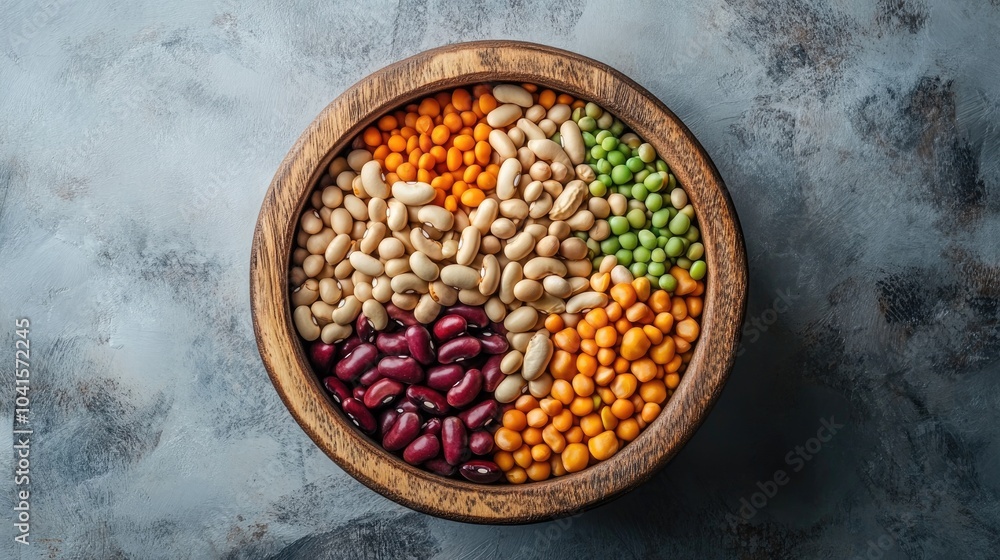 Aufkleber top view of a wooden bowl filled with a variety of mixed legumes arranged in a scattered layout