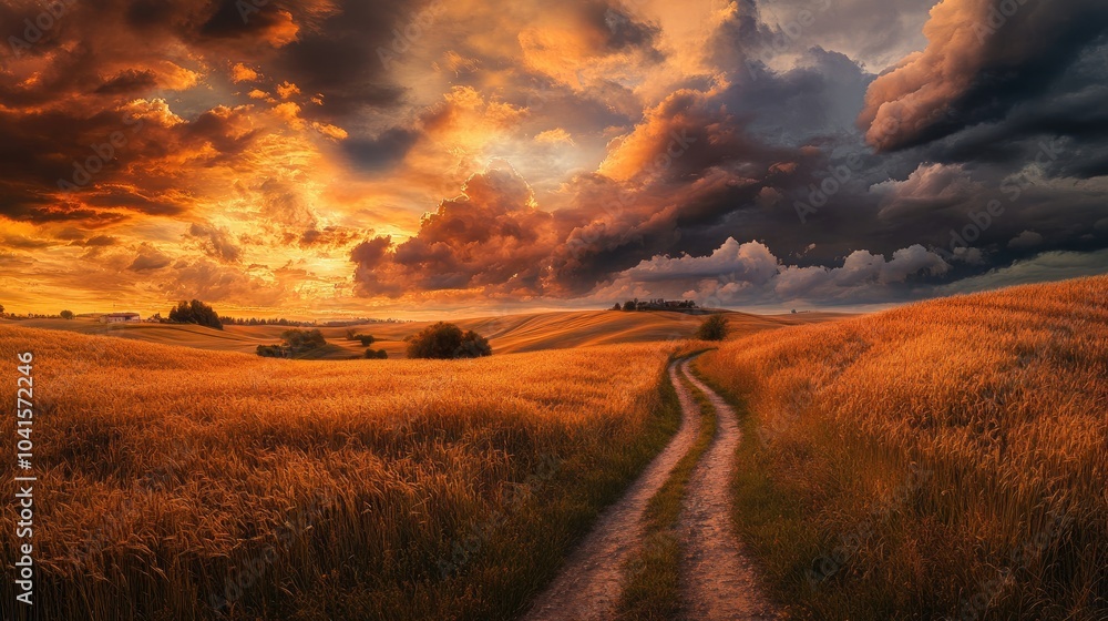 Poster a tranquil path meanders through golden fields beneath a striking sunset sky capturing the essence o
