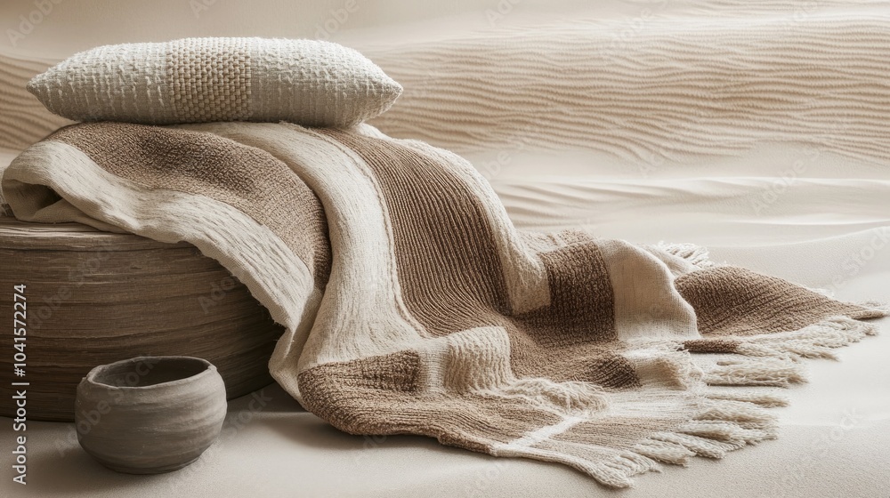 Poster close up of textured fabrics and accessories highlighting desert inspired design featuring earthy to