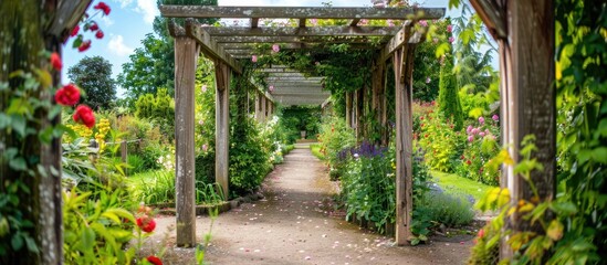 A Wooden Pergola In An English Garden During The Summer With A Beautiful Climbing Flowers