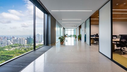 Obraz premium Contemporary coworking office hallway interior with mock up place on light wall, panoramic window with city view. 3D Rendering.