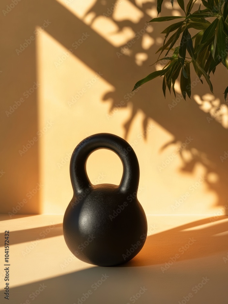 Poster a black kettlebell sits on a smooth surface, casting shadows while bathed in soft natural light duri