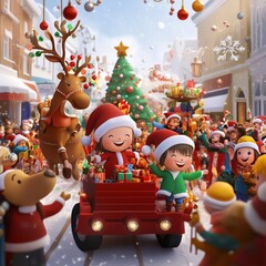 Festive Cartoon Characters Leading a Christmas Parade