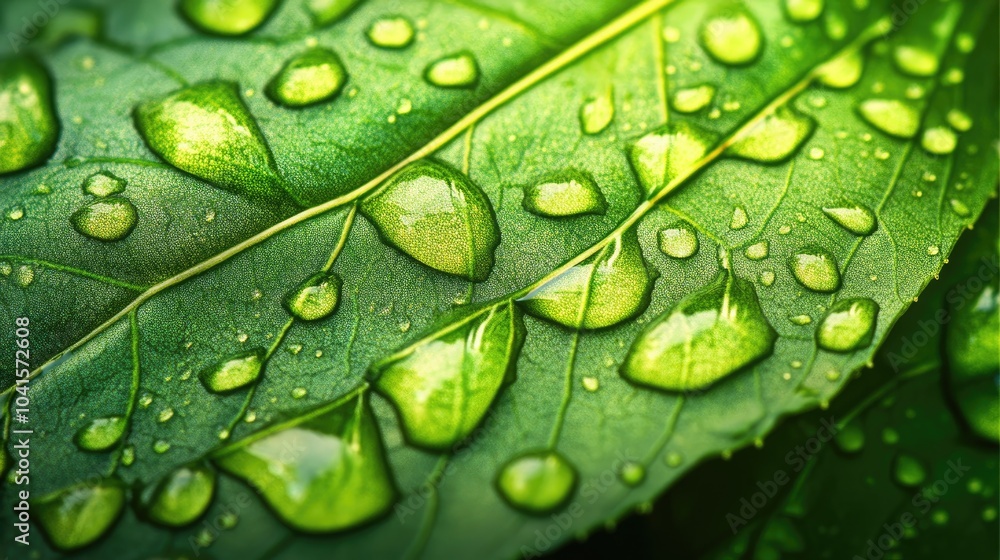 Poster Lush green leaf adorned with water droplets creating an abstract textured background Ideal for use in designs requiring ample copy space Viewed from below
