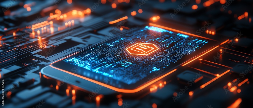 Aufkleber Smartphone screen featuring a glowing cybersecurity icon set against a digital wireframe backdrop, 3D rendering, modern aesthetics, secure technology