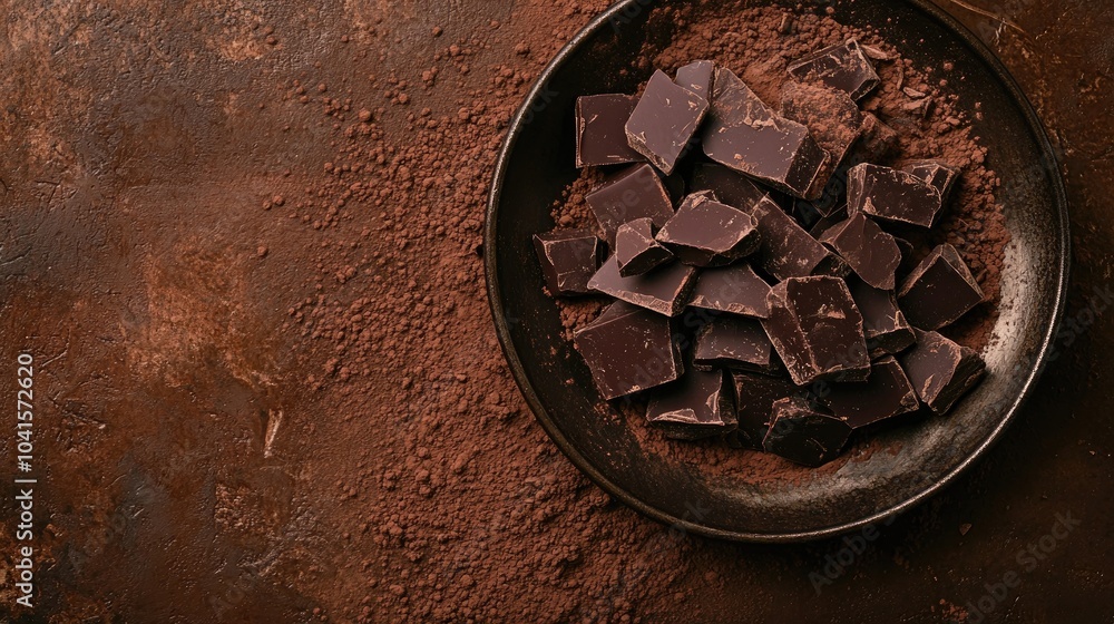 Aufkleber broken chocolate pieces and cocoa powder on a metal plate against a brown background featuring ample