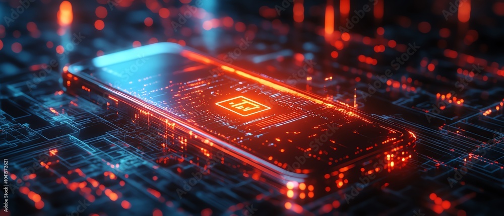 Poster smartphone screen featuring a glowing cybersecurity icon set against a digital wireframe backdrop, 3