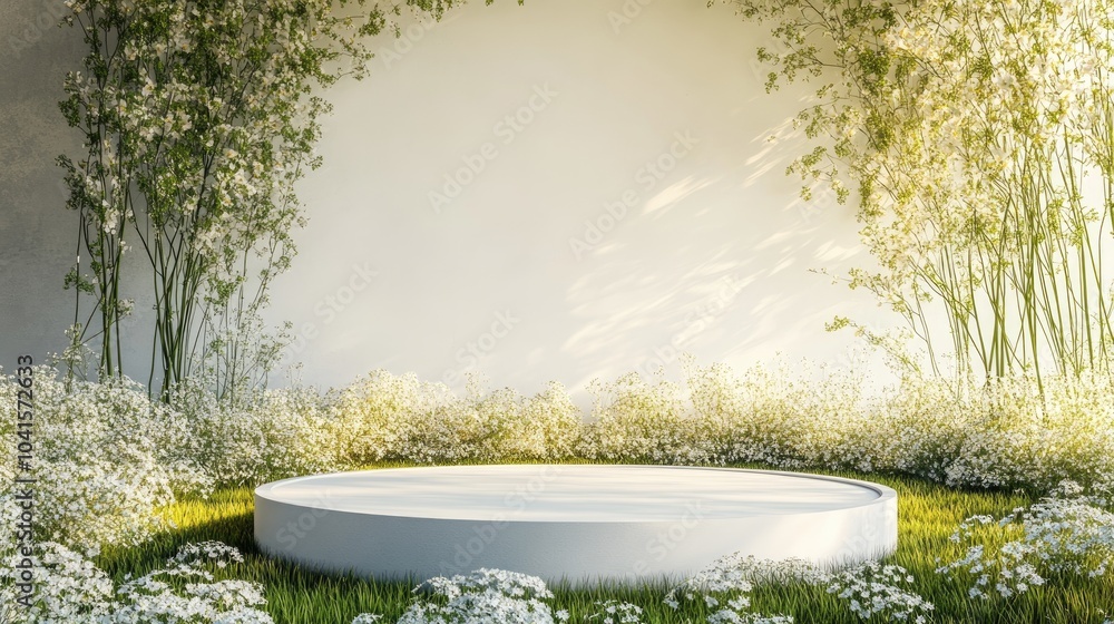 Poster Meadow stage for product showcase featuring a natural background ideal for advertisement concepts and presentations AI generated design template for display ideas