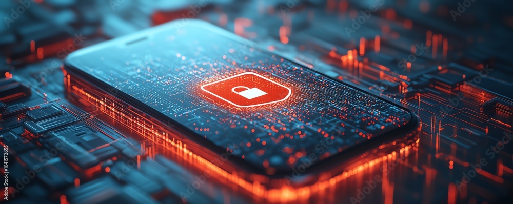 Poster Smartphone screen showcasing a prominent cybersecurity icon over a digital wireframe background, 3D rendering, sleek design, techinspired visuals