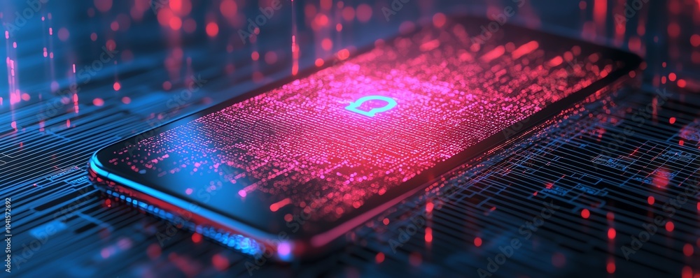 Aufkleber Smartphone screen showcasing a prominent cybersecurity icon over a digital wireframe background, 3D rendering, sleek design, techinspired visuals
