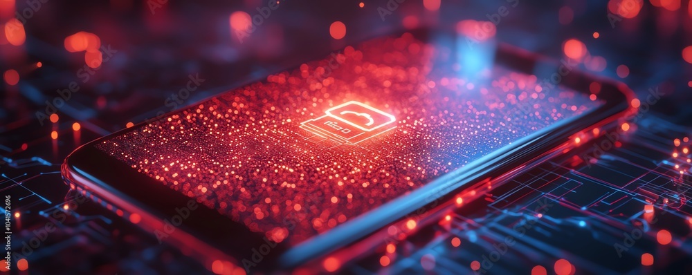 Aufkleber smartphone screen showcasing a prominent cybersecurity icon over a digital wireframe background, 3d 