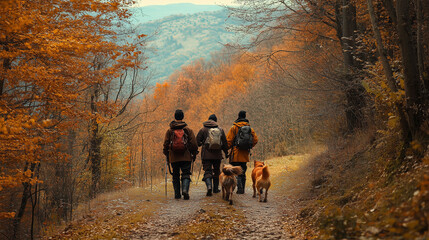 group of truffle hunters, accompanied by dogs, walks through a golden autumn forest, symbolizing tradition, adventure, and the harmony between nature and man's pursuits.