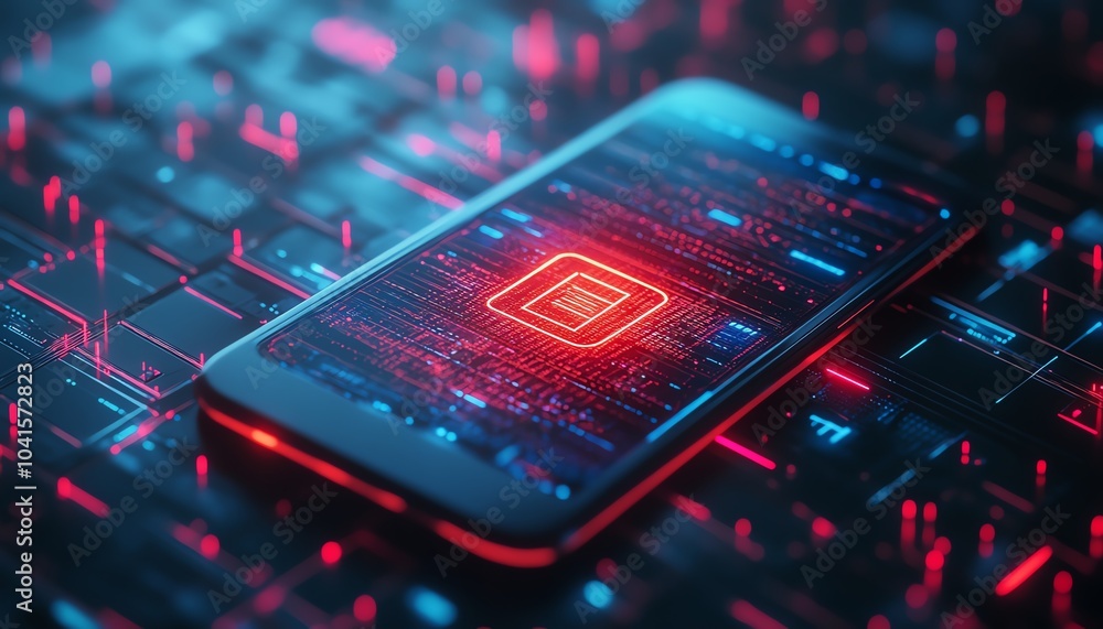Fototapete Smartphone screen with a highlighted cybersecurity icon on a dynamic wireframe background, 3D rendering, modern aesthetics, hightech visuals