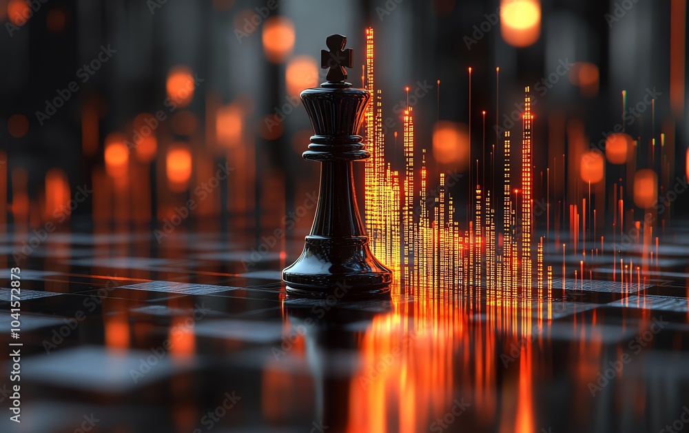 Poster 3d rendering of a chessboard featuring a glowing growing candlestick forex chart, blurred gray bokeh