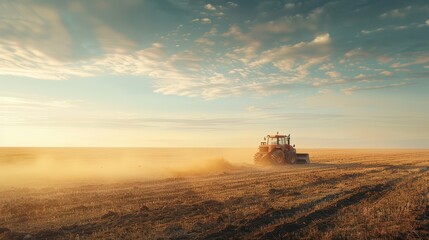 Fototapeta premium Sunset Tractor Harvest, golden field, dusty horizon, atmospheric sky, rural serenity, evening glow, agricultural scene