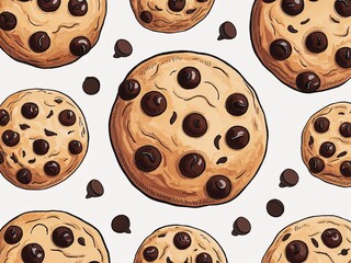 Chocolate chip cookies hand drawn painted painting illustration on plain white background
