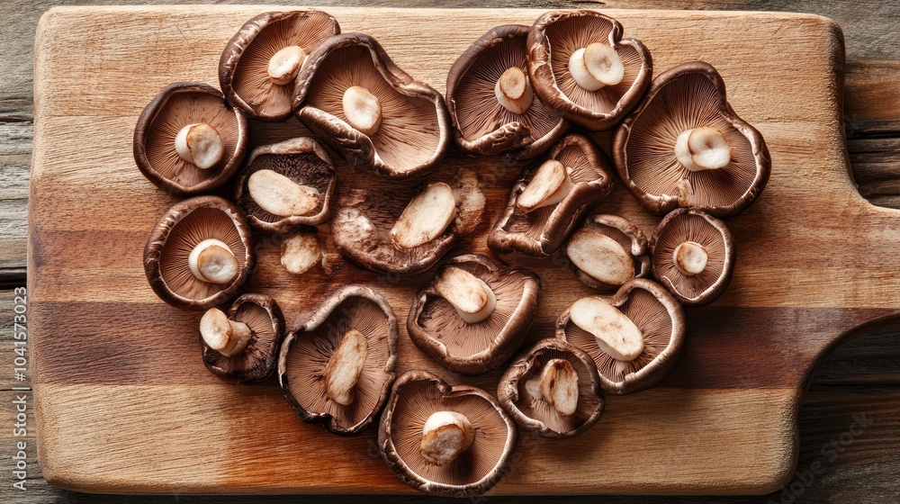 Poster sliced shiitake mushrooms arranged in a heart shape on a wooden cutting board