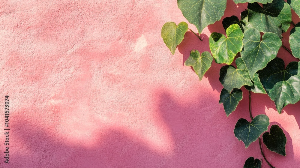 Aufkleber Natural and architectural elements featuring an ivy vine with green leaves against a textured pink wall with shadows High quality image with ample copy space