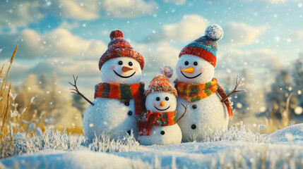 Fototapeta premium cheerful snowman family stands in frosty meadow, adorned with colorful scarves and hats, surrounded by gentle snowfall under bright sky.