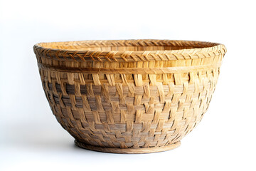 Empty straw, rattan wicker basket on white background Bamboo basket, Storage basket	