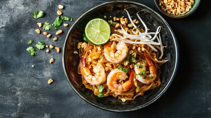 A colorful dish of shrimp pad thai adorned with lime peanuts and bean sprouts highlighting a rich combination of flavors