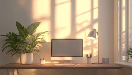 Fototapeta premium 3D rendering of a contemporary minimalist office desk with a computer, chic lamp, and a potted plant, organized layout, bright and inviting atmosphere