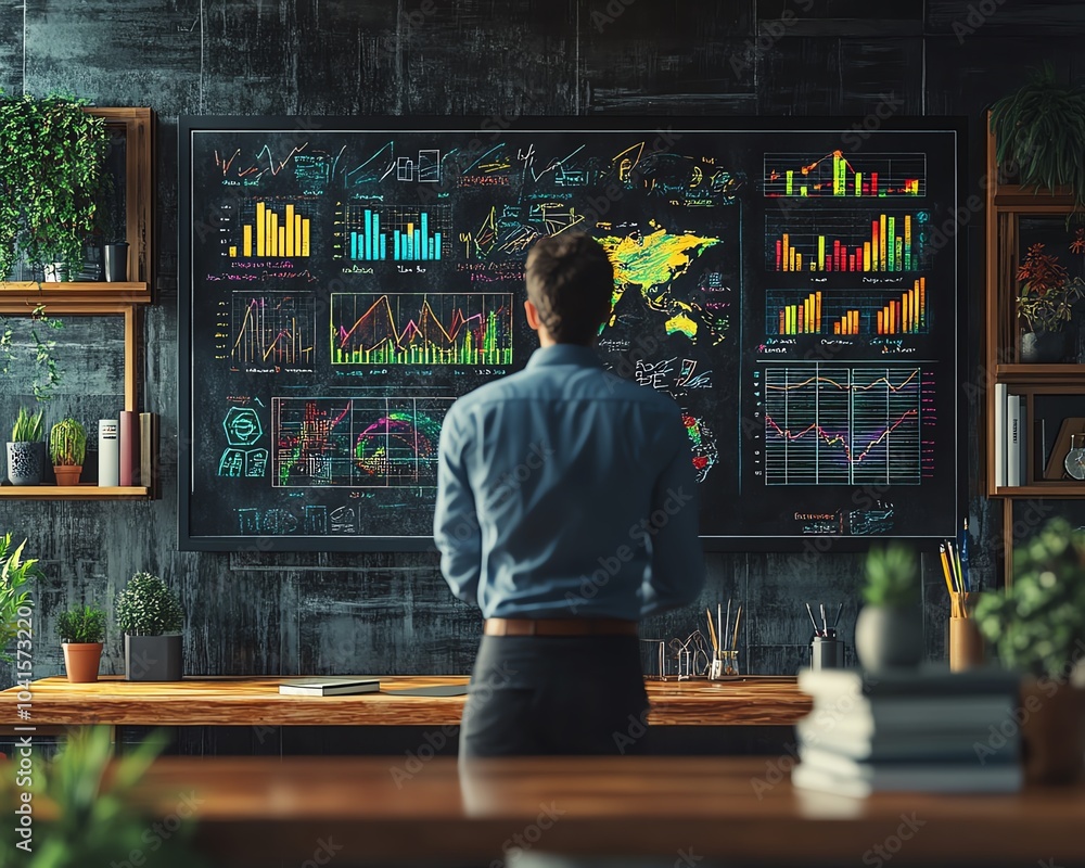 Poster 3D rendering of a businessperson sketching charts and graphs on a blackboard during a presentation, vibrant visuals, modern design, effective communication