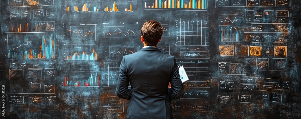 Aufkleber 3d rendering of a businessperson illustrating charts and graphs on a blackboard during a presentatio