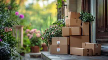 stack of packages in various sizes left on a doorstep, bathed in soft afternoon sunlight, symbolizing online shopping, delivery services, and the convenience of e-commerce.