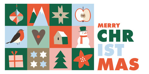 Christmas greeting card invitation. Winter holiday icons. Geometric seamless pattern. Snowman, gift, christmas tree ornaments gingerbread. Vector illustration background. Modern contemporary print.