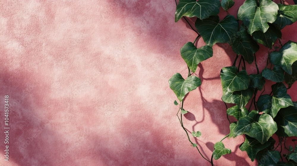 Poster Natural and architectural elements featuring an ivy vine with green leaves against a textured pink wall with shadows High quality image with ample copy space