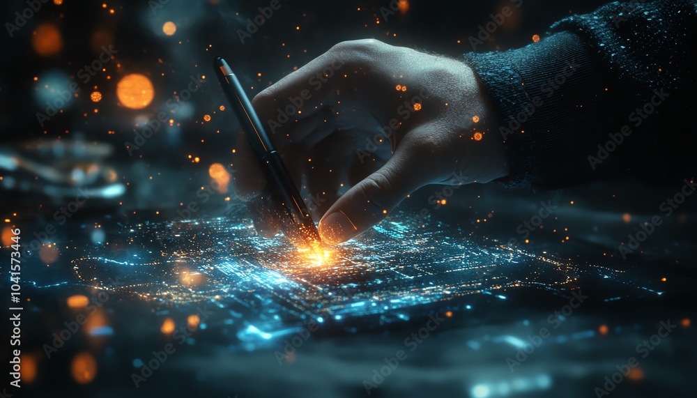 Leinwandbilder 3D rendering of a hand grasping a pen, engaging with dynamic digital data visualization against a dark backdrop, AI generative concept, sleek design