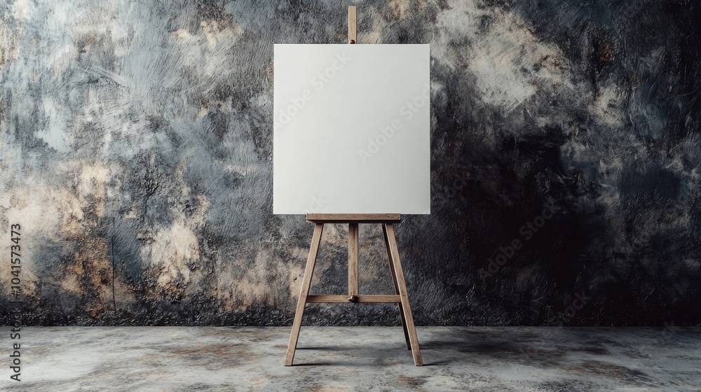 Aufkleber easel featuring a blank white canvas against a textured gray backdrop providing a space for artwork 