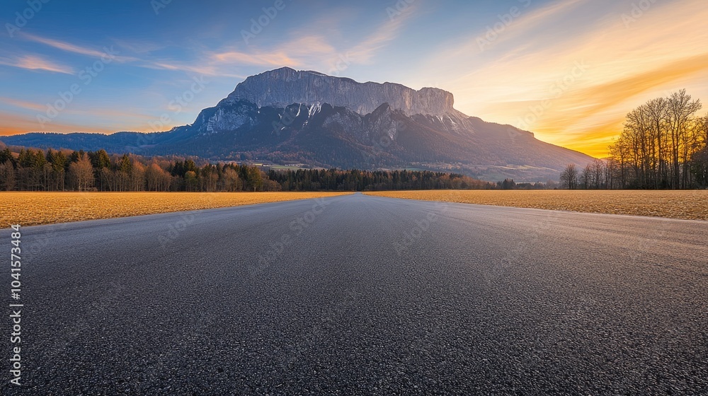 Aufkleber asphalt road surface extending towards a stunning mountain range during sunset high quality image