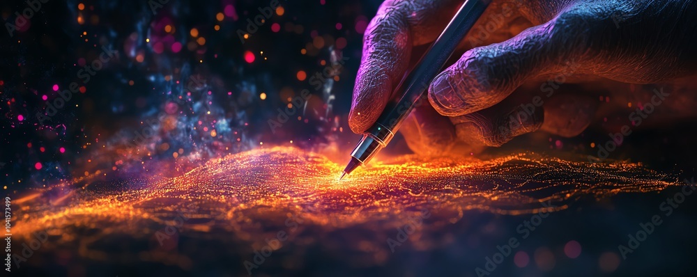 Leinwandbilder 3D rendering of a hand using a pen to engage with vivid digital data visuals on a dark backdrop, modern aesthetics, AI generative art