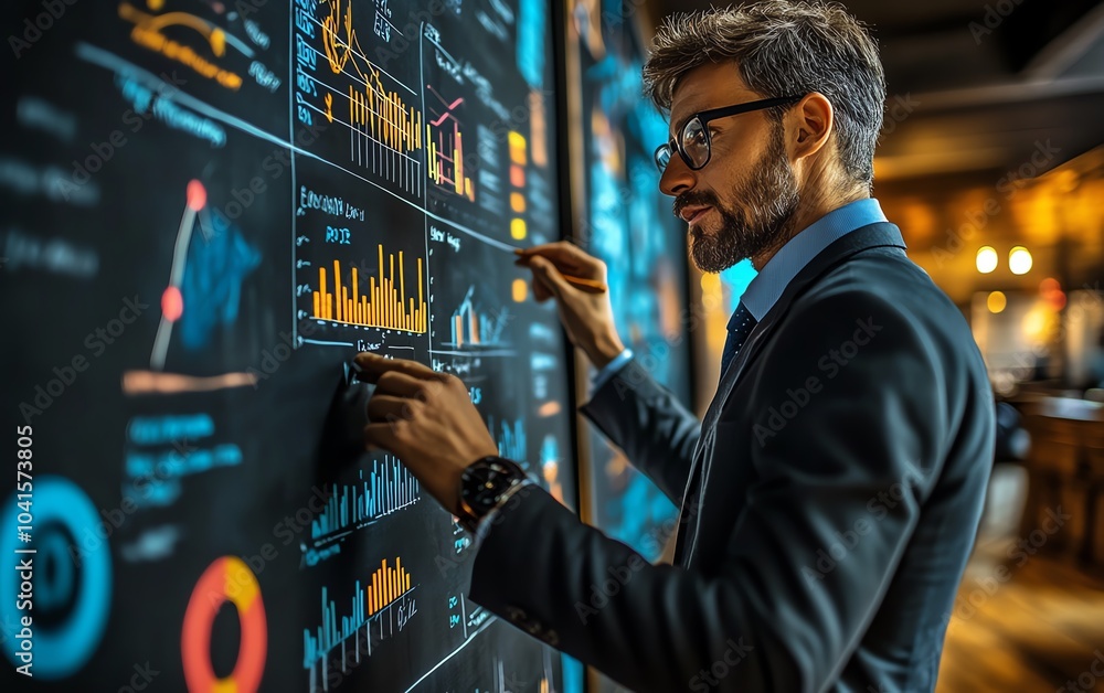 Poster 3d visualization of a businessperson illustrating data through charts and graphs on a blackboard dur