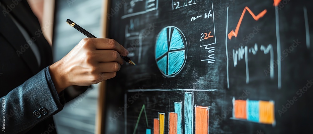 Poster 3d visualization of a businessperson creating charts and graphs on a blackboard, dynamic presentatio