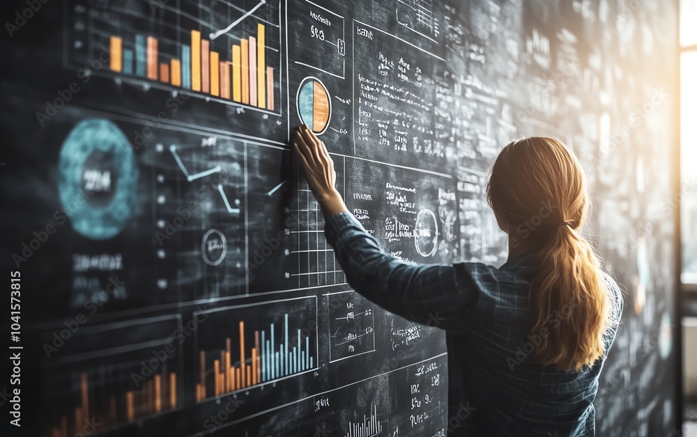 Poster 3d visualization of a businessperson illustrating data through charts and graphs on a blackboard dur