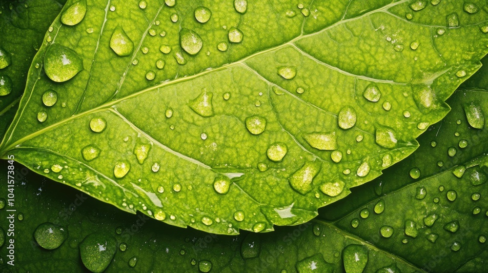 Aufkleber Lush green leaf adorned with water droplets creating an abstract textured background Ideal for use in designs requiring ample copy space Viewed from below