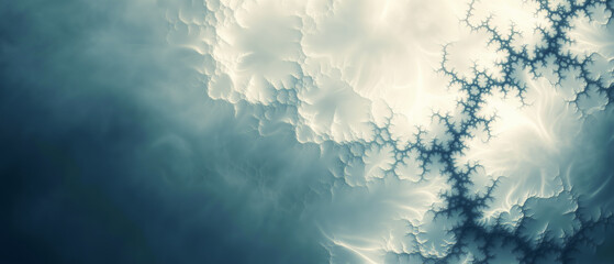 abstract fractal formations in soft white and blue hues creating intricate organic patterns with atmospheric depth