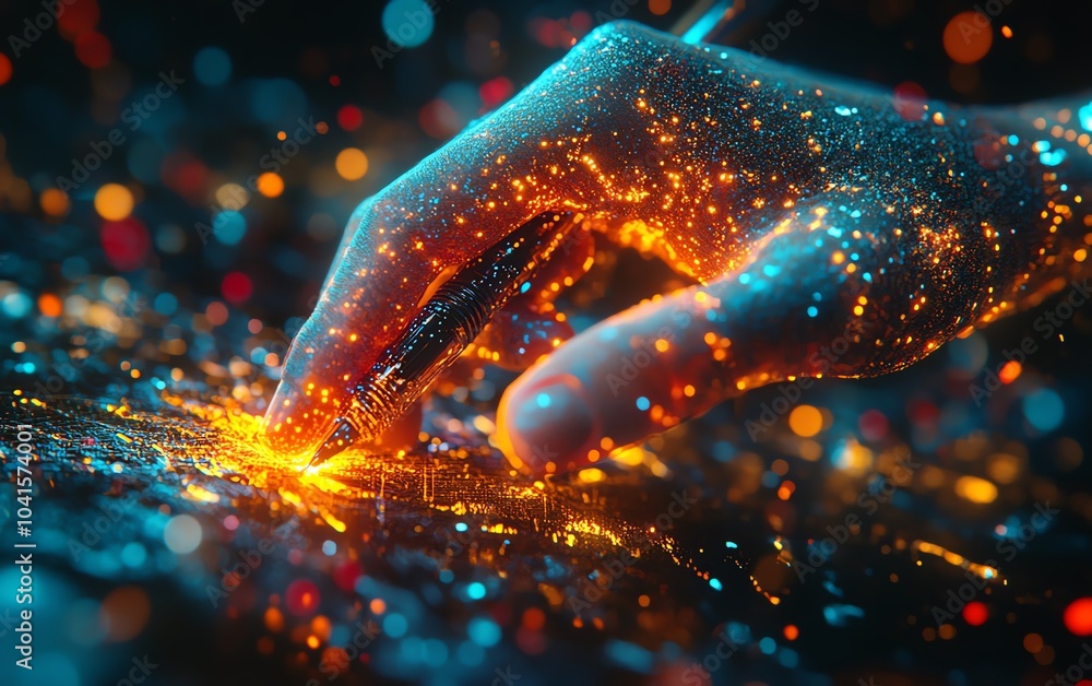 Leinwandbilder 3d visualization of a hand wielding a pen, interacting with luminous digital data on a dark backdrop