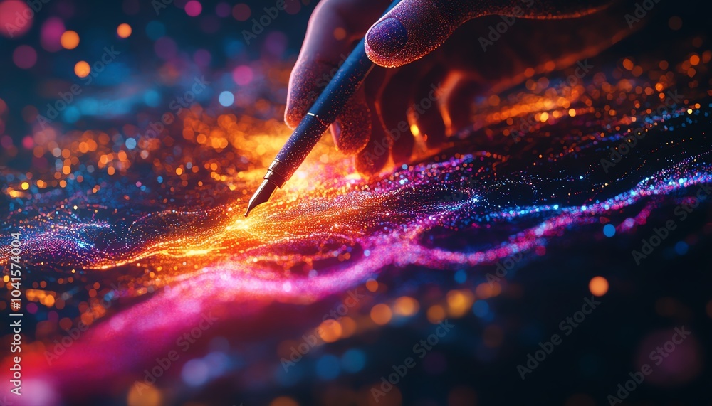 Leinwandbilder 3d visualization of a hand holding a pen, interacting with abstract digital data visuals on a dark b