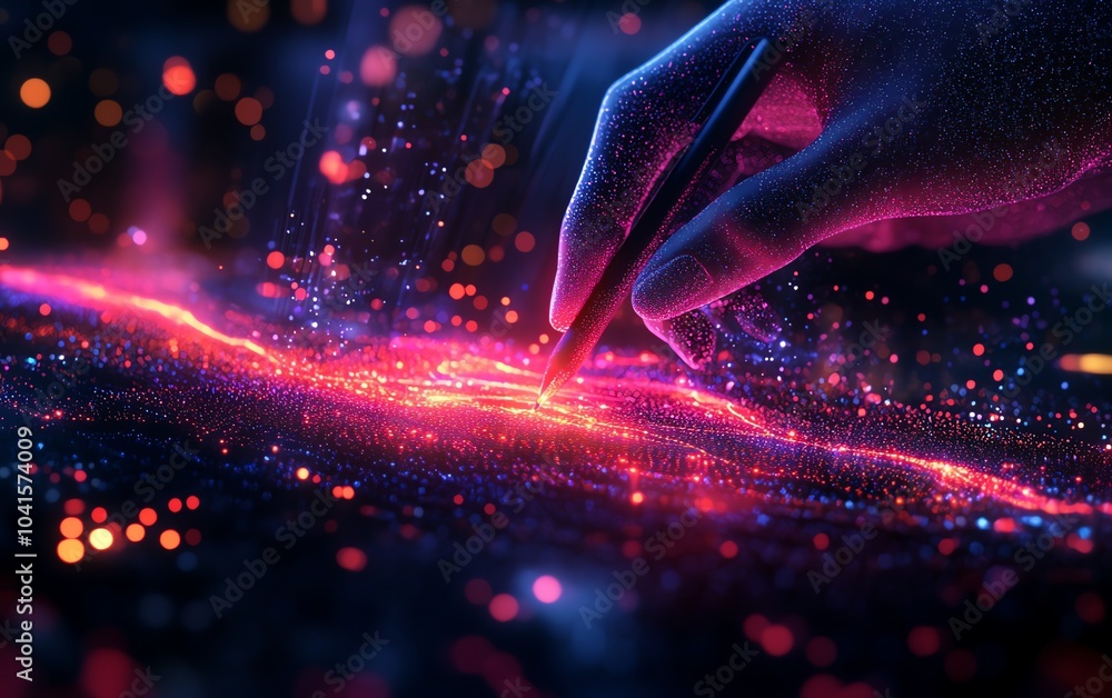 Leinwandbilder 3d visualization of a hand wielding a pen, interacting with luminous digital data on a dark backdrop