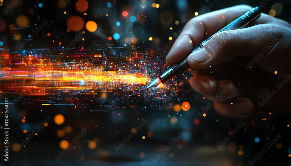 Leinwandbilder 3d visualization of a hand holding a pen, interacting with abstract digital data visuals on a dark b